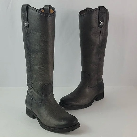 LIKE NEW FRYE Melissa Double Button Lug Distressed Charcoal Leather Riding Boots - Picture 2 of 16